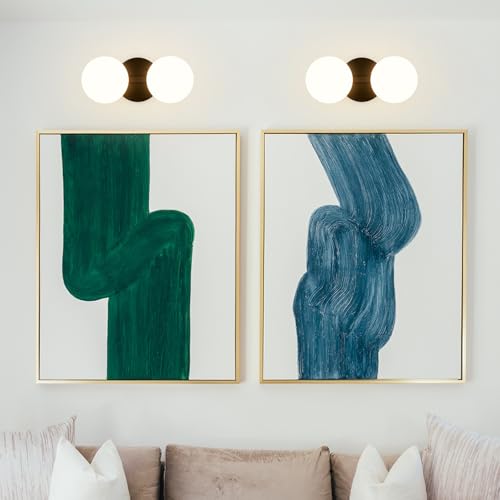 Image of Black Globe Wall Sconce,Vanities Lights with 2 Milk Glass Shades | 6 inch Modern Spherical Vanity Sconces,Contemporary Small Brass Ball Lights Fixture for Entryway Bedside Bathroom,E26 Base