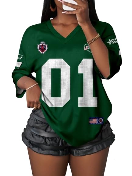 RoseSeek Womens Jersey Shirts Number Graphic V Neck 3/4 Sleeve Football Y2k T Shirts Tops Streetwear Dark Green L