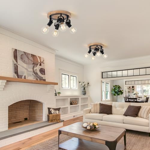 Image of 4-Light Round Flush Mount Ceiling Light,Adjustable Farmhouse Kitchen Track Light with Wood Base, Multi-Directional Dining Room Light for Island Hallway Entryway Bedroom.