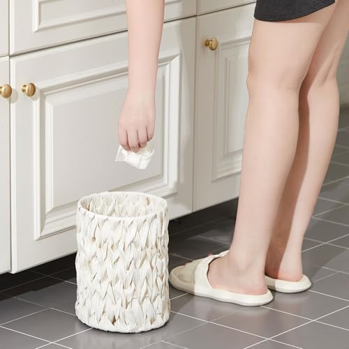 Image of Ctosree 1.3 Gallons Small Trash Can with Lid Handle Boho Woven Braided Bathroom Waste Basket Trash Can with 100 Garbage Bags for Bedroom Office Laundry(Braided Polypropylene, Cream White)
