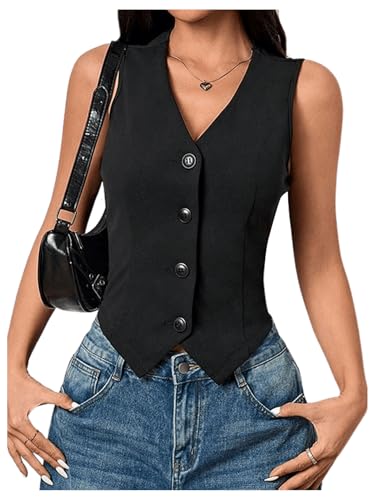 Milumia Women's Button Front Blazer Vest Sleeveless V Neck Asymmetrical Hem Tank Tops