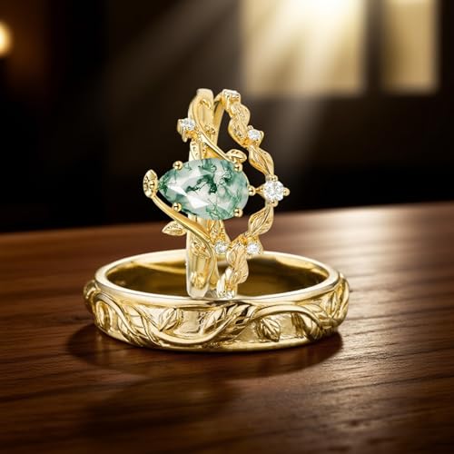 Natural Moss Agate Couple Wedding Ring Set for Her and Him S925 10K 14K 18K Gold Green Moss Agate Couple Matching Engagement Ring Set for Men and Women 3pcs Anniversary Bridal Rings Sets3