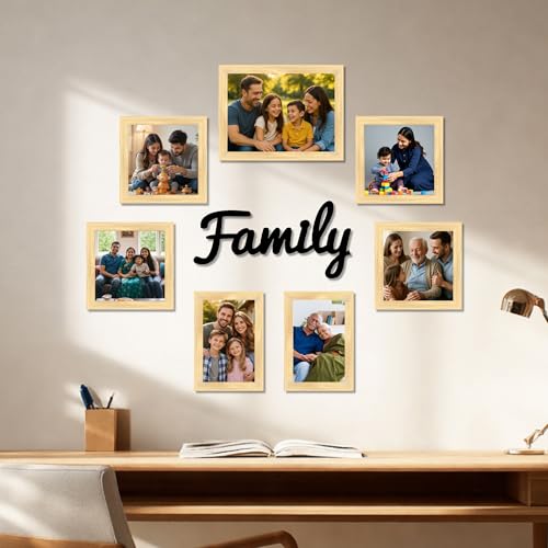 Image of Family Photo Frame Set of 7 for Wall Decor, Wooden Finish Collage Picture Frames for Living Room, Bedroom, Multi-Size Wall Hanging Gallery Frame Set, (4 Sets 4x6, 2 Set 6x4, 1 Set 6x8 Inch)