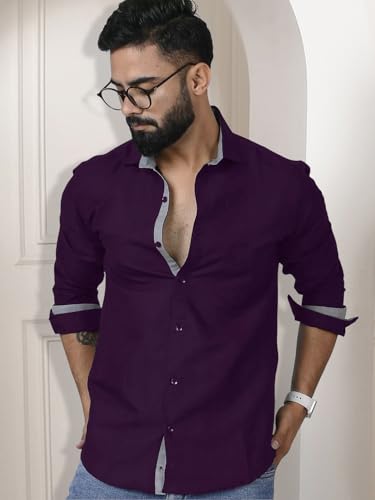Image of Pinkmint Shirt for Men Cotton Spread Collar Button Down Long Sleeve Shirt Home, Regular, Home (Pack of 1) Purple