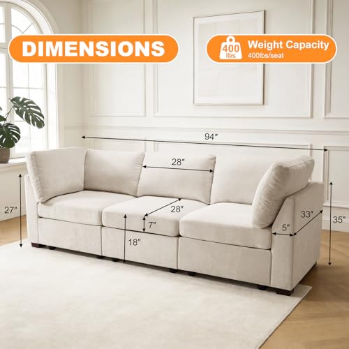 Image of TEKAMON 94 inch Modern Sofa Modular Sectional Couch, 3-Seat Chenille Deep Seat Sofa for Living Room, Bedroom and Apartment, Beige