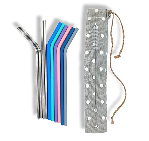 Pajitas reutilizables para beber - 4 pajitas acero inoxidable, 6 pajitas silicona - Pajitas curvas y rectas de silicona y metal - 1 cepillo de limpieza - Para niños y adultos Cover
