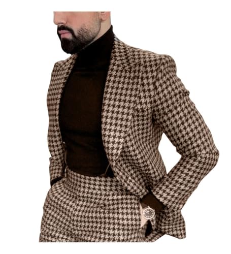 Premium Mens Brown Big Pattern Houndstooth Dogstooth Plaid Slim Fit Tuxedo Prom Wedding Sport Coat2