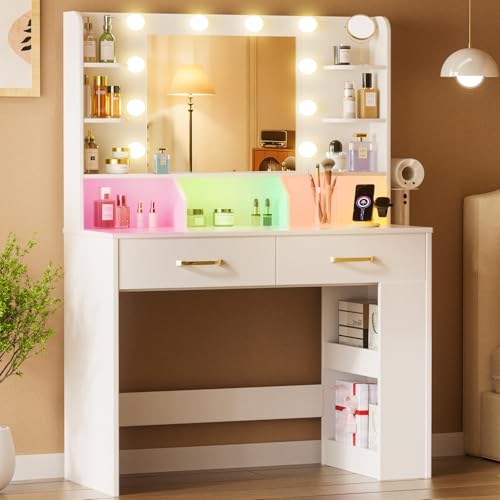 COMHOMA Vanity Desk with Lighted Mirror and Power Outlet, RGB