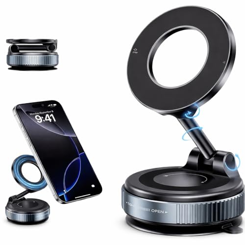 Suporte Magnético para Celular com Ventosa a Vácuo Ultra Forte, Ajuste 360°, Compatível com MagSafe, Estrutura em Liga de Alumínio, Ideal para Carro, Mesa e Vidro