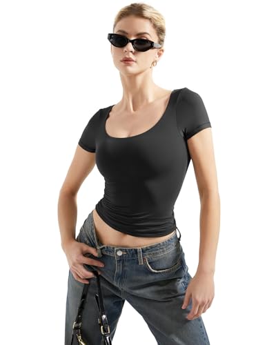 SUUKSESS Women Double Lined Fitted Basic Tee Scoop Neck Short Sleeve Y2K Crop Top4