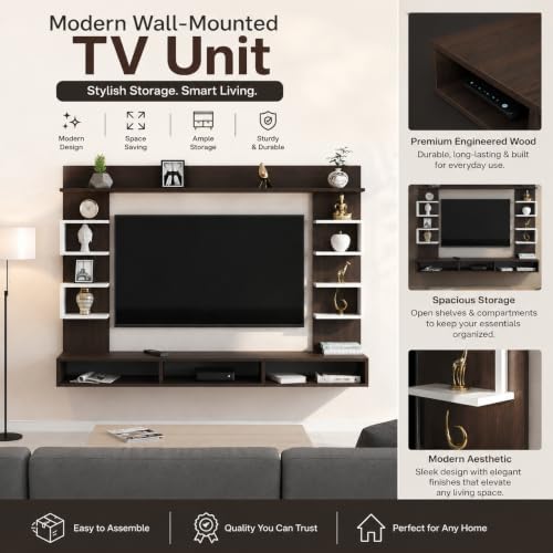 Image of FURNEASER Steven Wall Mount TV Unit for Living Room Wooden Entertainment Center with Storage Shelves Modern TV Panel Stand Showcase for up to 43 Inch Media Console Cabinet Wenge & White