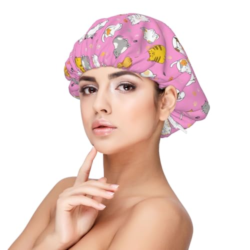 Cute Cat Pattern Satin Sleeping Cap For Women Double-Layer Bonnet For Natural Hair Curly Hair Braided Hair Long Hair