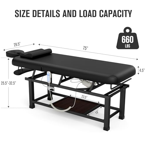 Image of pouseayar Heavy Duty Electric Stationary Massage Table with Backrest Adjustable and Storage Space for Treatment /Medical Spa /Facial /Beauty /Massage Bed and More - 30 Wide x 75 Long - Black