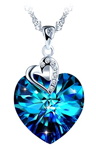 MOOFUN Damen Herz Kette Herz des Ozeans 925 Sterling Silber Halskette mit Blau Kristall Zirkonia Charms Anhänger Frauen Schmuck Verpackung Geschenke für Freunde Mädchen Mama...