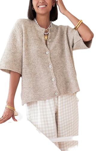 Image of Women Knit Crop Cardigan Y2k Short Sleeve Knitted Shirts Open Front Button Down Sweater Cute Fall Cardigans 2024