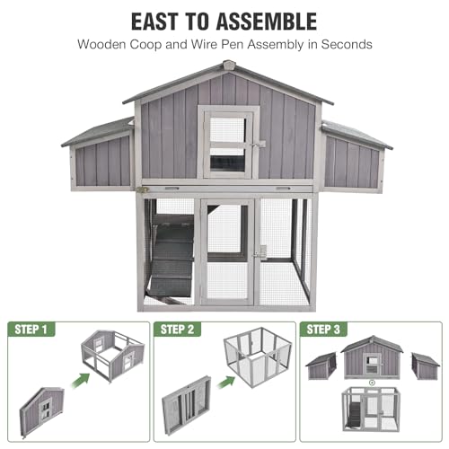 Image of Large Chicken Coop with Unique Folding Design for 4-6 Chickens - Elevated Outdoor Chicken House Backyard Duck Cage with 2 Nesting Boxes, Easy Clean Pull-Out Tray, Asphalt Roof (Grey)
