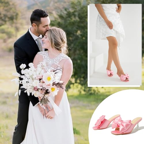 Heiyom Women's Bow Clear Heels Slippers Dress Sandals Square Toe Stiletto Mules Slip on Wedding Prom Shoes3