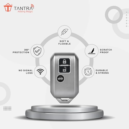 Image of SIAGO TPU Key Cover and Round Keychain Compatible for Suzuki, Baleno, XL6, Swift, Ertiga, 3 Button Smart Key Cover (Grey)