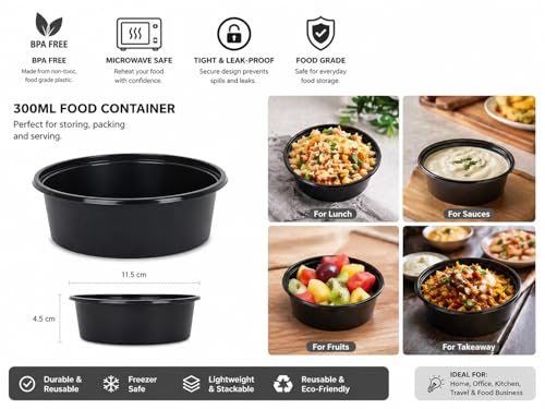 Image of 300ML food storage containers with leak-proof lids. BPA-free, microwave-safe, freezer-safe, reusable, and perfect for meal prep, takeaways, lunch packing, and food storage. Set of 20 containers.