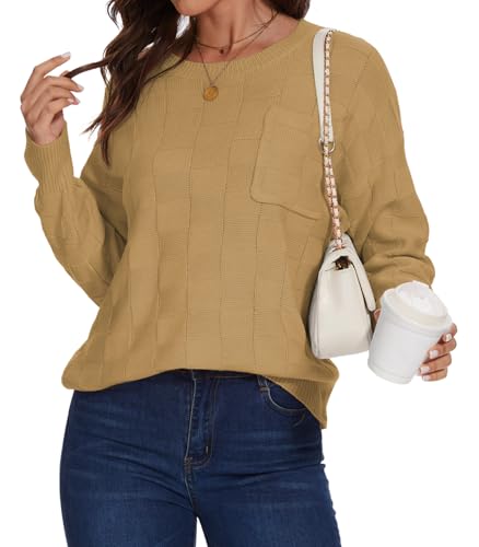 Women Lightweight Sweaters Crewneck Long Sleeve Block Knit Pullover Shirts Tunic Tops with Pocket3