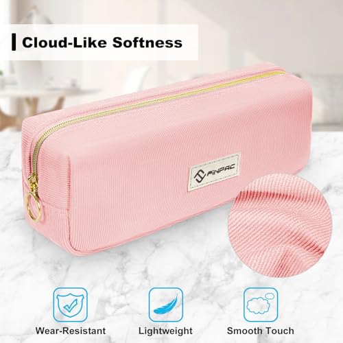 Image of FINPAC Pencil Case, Corduroy Aesthetic Makeup Bag, Cute Kawaii Pen Bag Pouch Holder Box Organize for Study, Office, or Travel (Pink)