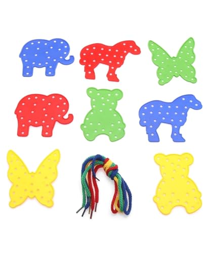 Image of Little Fingers Multi-Shape Lacing Cards Set - Educational Blocks Threading Toy For Kids With Animals More (10-PCS)