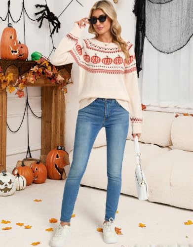 Image of Women's Fair Isle Sweater Crew Neck Long Sleeve Heart Sweater Vintage Tops