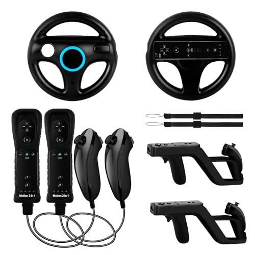 KOUROU 8PCS Motion Plus Wii Remote Controllers with Nunchucks, Mario Kart Steering Wheels and Zapper...