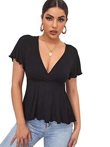 Verdusa Women s Deep V Neck Short Sleeve Flared Ruffle Hem Peplum Tee Top Black M