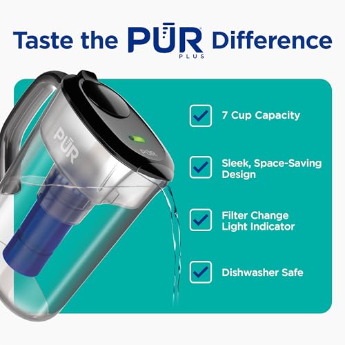 PUR PLUS 7-Cup Water Filter Pitcher with 1 Lead-Reducing PUR Plus Filter, Dishwasher Safe, Powerful Filtration, Filter Change Indicator Light, Smoke, PPT711B
