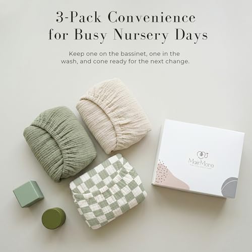 Image of MairMore 3 Pack Muslin Bassinet Sheets for Babies, Soft & Breathable 100% Cotton Fitted Sheets for Oval, Rectangle, Hourglass Bassinet Mattress Pads (Green Chessboard)