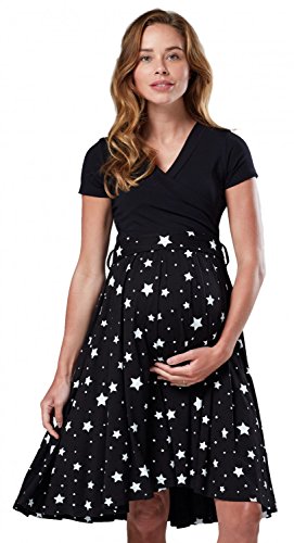 Happy Mama.para Mujer Vestido Premamá y de Lactancia Manga Corta Doble Capa.598p (Negro con Estrellas, 40, L)