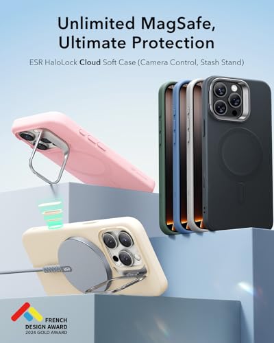 Image of ESR for iPhone 16 Pro Case, Silicone Case with Stand, Compatible with MagSafe, Military-Grade Protection, Built-in Camera Stash Stand, Magnetic Phone Case for iPhone 16 Pro, Cloud Series, Grey
