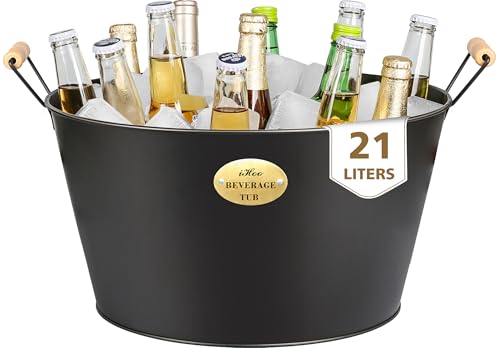 iHoo Getränkewannen für Partys Zinkwanne groß mit Holzgriffen Schwarz Verzinkte Wanne Ideale Partywannen für Getränke 21l 1stück