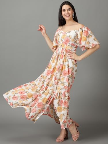 Image of SHOWOFFFF Women Printed Fit and Flare Casual Dress | V Neck Half Sleeves Chiffon Dress for Womens | Maxi Dress for Women's