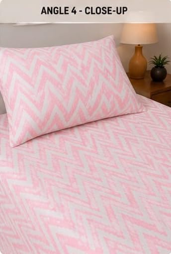 Image of 210 TC Glace Cotton Soft Cotton Zig Zag Design Flat Queen Size 60x90 inches Bedsheet Set - Lightweight & Durable 1 Bed Sheet with 1 Pillowcase 17x27 inches Pink