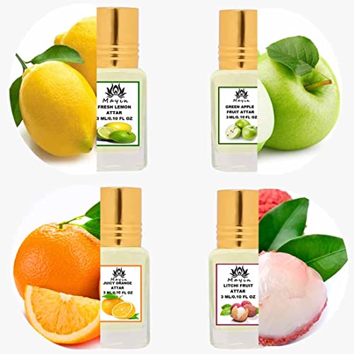 Image of Mayin Fresh Lemon, Green Apple, Juicy Orange, Litchi Fruit (Natural Itra /Attar /Perfume) Attar Gift Pack /Attar Combo /Combo Pack For Men and Women 12ml (Pack Of 4)