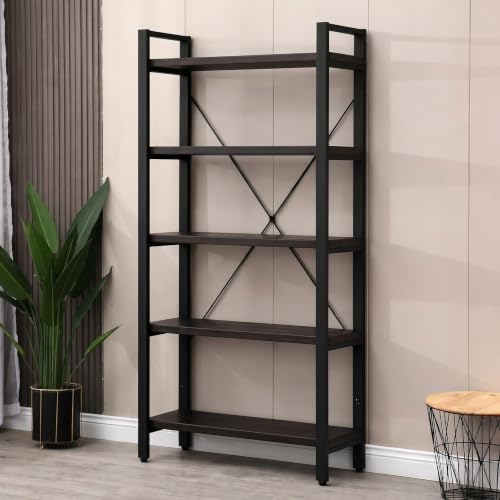Image of 5-Tier Industrial Bookshelf with Solid Wood Shelves & Metal Frame | Open Display Storage Rack for Living Room, Bedroom, Office, Study | Book self | Dark Weinge | 80x30x160 cm