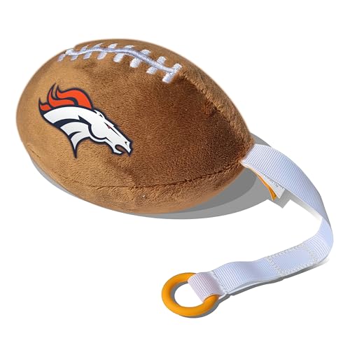 Image of Denver Broncos Plush Football Pacifier Holder by Smilo - Officially Licensed NFL Soother Holder - Soft Plush Toy and Dummy Holder - Fits Any Pacifier - Stroller Accessory & Newborn Essential