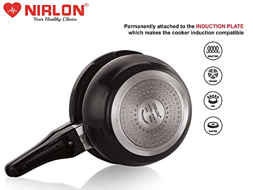 Image of NIRLON Induction Base Hard Anodized Aluminium Outer Lid Handi Pressure Cooker, Glossy finish, Black, 3 Litres