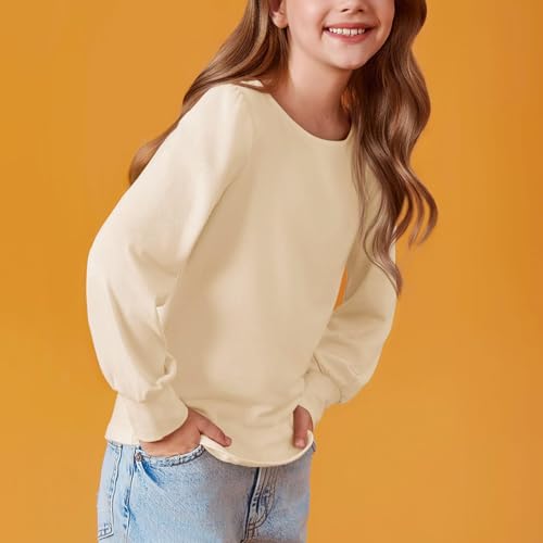 Lmdudan 2025 Girls Puff Long Sleeve Shirts Kids Casual Crewneck Soft Tunic Tops Solid Color Tees Blouse 4-13 Years2