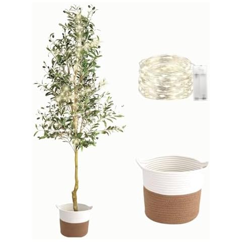 Keficor Artificial Olive Tree 7 ft - Realistic Potted Faux Olive Tree 7ft With Lights, Artificial Tree for Indoor Home Decor, Olive Trees Artificial Indoor Tall Fake Tree, 7 Foot Artificial Olive Tree Cover