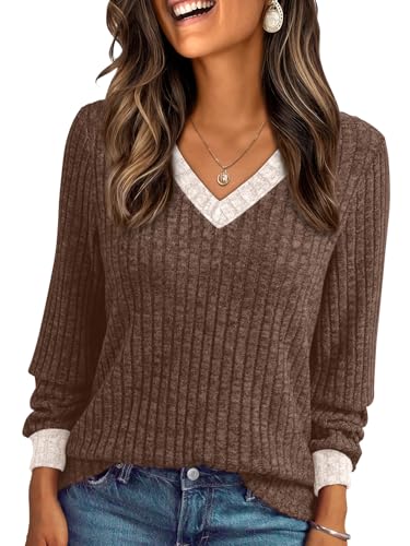 Image of AUTOMET Womens V Neck Long Sleeve Shirts Fall Tops 2026 Lightweight Sweater