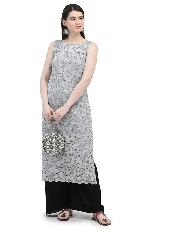 OjjasviGrey Polyester Net Embroidered Kurta OJ1810