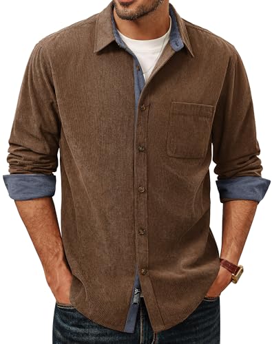 PJ PAUL JONES Men's Corduroy Button Down Shirt Long Sleeve Casual Collared Wrinkle Free Untucked Shirts with Pocket