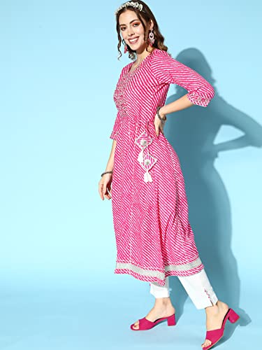 Image of ishin Women's Pink & White Embroidered Anarkali Kurta set with Trouser & Dupatta