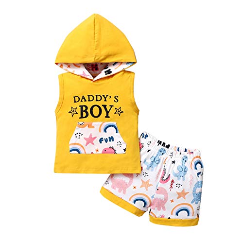 Toddler Baby Boy Dinosaur Short Set Hoddie t-Shirt Tops Sweatsuit Pants Summer Outfit Set (A-Yellow, 12-18 Months)