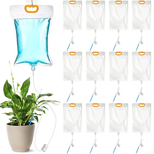 Rtteri 12 Pcs 3.5L Iv Self Watering Bags Bulk for Plants Automatic Iv Drip Irrigation System with Adjustable Flow Valve Drip Waterer Irrigation Plant Water Bag for Indoor Outdoor Houseplants Care