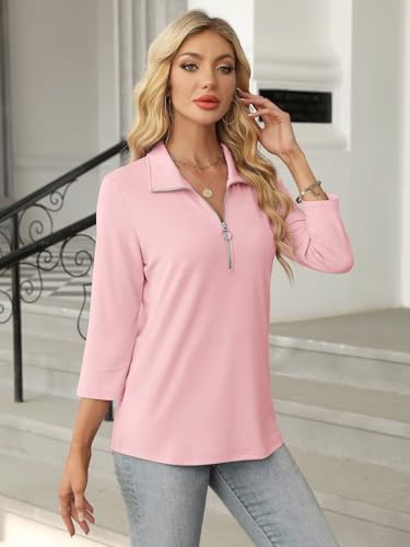 Women's 3/4 Sleeve Tops V Neck T Shirts Zipper Solid/Color Block Collared Polo Shirts3