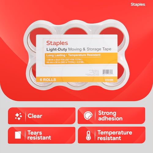 Image of Staples Lightweight Moving & Storage Packing Tape, 1.88x54.6 Yds, 6-Pk | For sealing boxes for moving, storage, and everyday shipping needs.